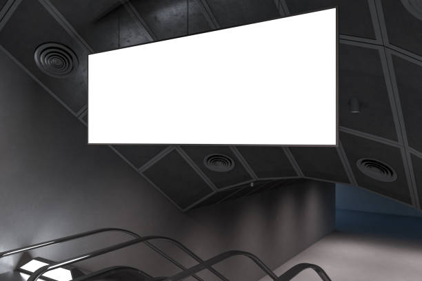 istock Creative metro interior with blank wide white poster, mock up place and escalators. Tiled ceiling. Ad and product commercial signboard concept. 3D Rendering. 1405983162