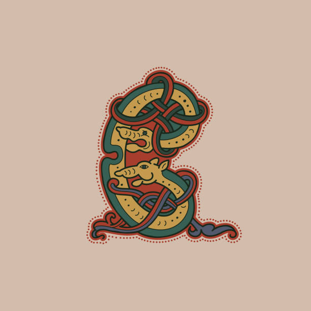 Medieval initial C letter logo made of twisted beast and spiral pattern. Ornamental type for history identity, ethnic prints, tribal posters, etc. clip art of illuminated letter a stock illustrations