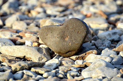 Heart shape stone against background of beach. Summer sunny day. Love, wedding and Valentine day concept. Finding beautiful and interesting stones. Beach vacation