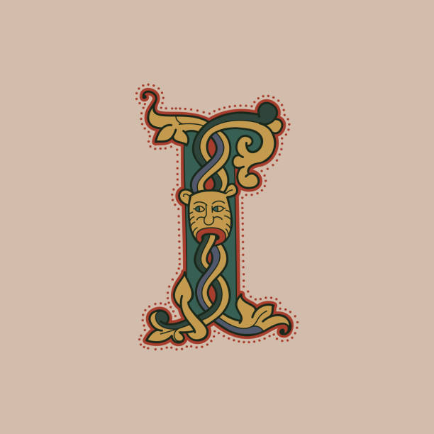 Medieval initial I letter logo made of twisted lion and spiral pattern. Ornamental type for history identity, ethnic prints, tribal posters, etc. clip art of illuminated letter a stock illustrations
