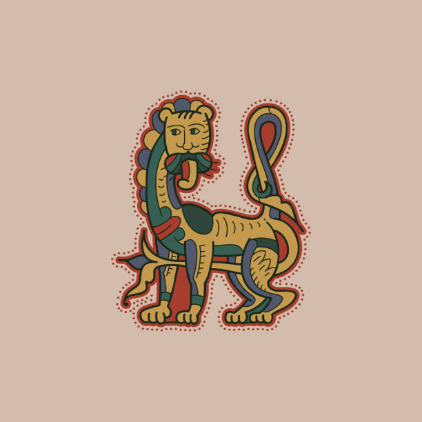 Medieval initial H letter logo made of twisted lion and spiral pattern. Ornamental type for history identity, ethnic prints, tribal posters, etc. clip art of illuminated letter a stock illustrations