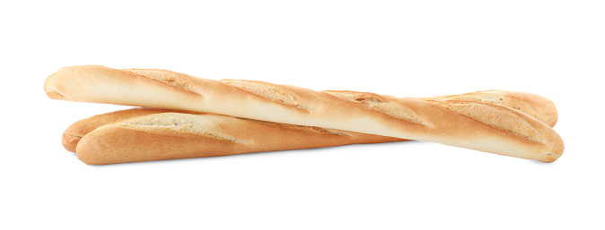Tasty baguettes on white background. Fresh bread