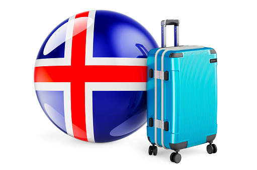 Suitcase with Icelandic flag. Iceland travel concept, 3D rendering isolated on white background