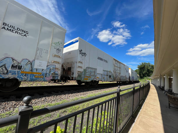 King of Prussia, USA - June 28, 2022. Union Pacific freight train at Valley Forge Train Station, Valley Forge National Historic Park, Pennsylvania, USA