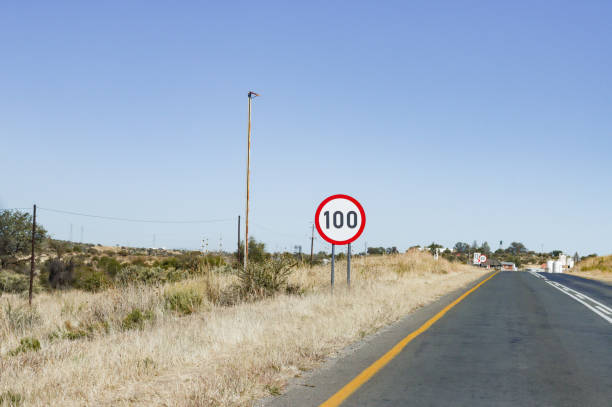 Speed Limit Sign on B6 Road near Windhoek in Khomas Region, Namibia stock photo