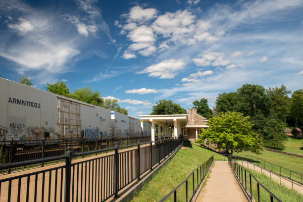King of Prussia, USA - June 28, 2022. Union Pacific freight train at Valley Forge Train Station, Valley Forge National Historic Park, Pennsylvania, USA