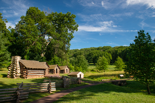 King of Prussia, USA - June 28, 2022. Log cabins at Washington's Headquarters in Summer, Valley Forge National Historic Park, Pennsylvania, USA