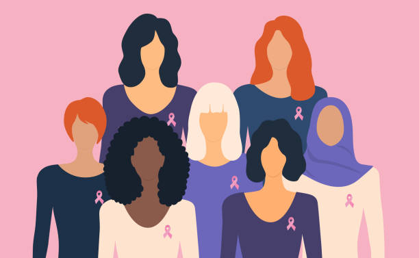 ilustraciones, imágenes clip art, dibujos animados e iconos de stock de concepto de concientización y apoyo sobre el cáncer de mama. diferentes nacionalidades de mujeres con cintas rosas de pie juntas. - cáncer de mama ilustraciones