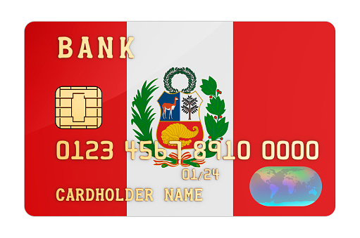 Bank credit card featuring Peruvian flag. National banking system in Peru concept. 3D rendering isolated on white background