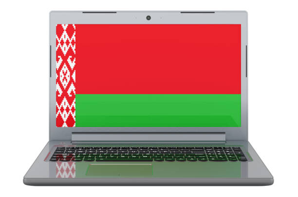 Belarusian flag on laptop screen. 3D illustration isolated on white background