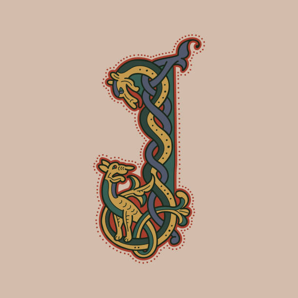 Medieval initial J letter logo made of twisted beast and spiral pattern. Ornamental type for history identity, ethnic prints, tribal posters, etc. clip art of illuminated letter a stock illustrations