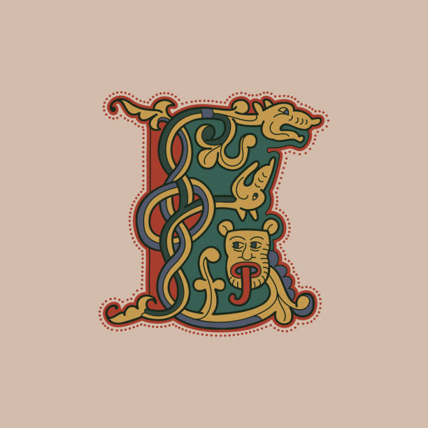 Medieval initial E letter logo made of twisted lion, beast, and spiral pattern. Ornamental type for history identity, ethnic prints, tribal posters, etc. clip art of illuminated letter a stock illustrations