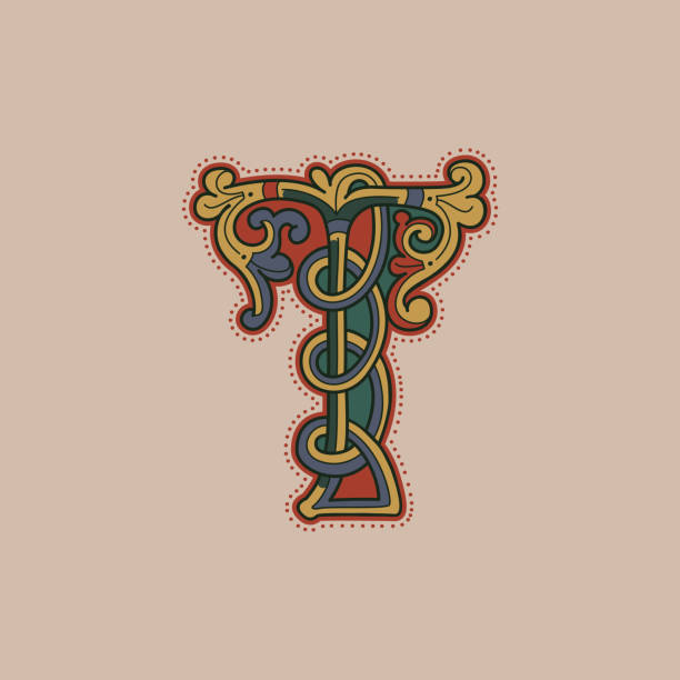 Medieval initial T letter logo made of twisted and spiral pattern. Ornamental type for history identity, ethnic prints, tribal posters, etc. clip art of illuminated letter a stock illustrations