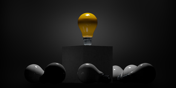 Inspiration for leaders and teamwork. Creative innovative idea concept. Illustrated 3D render retro type yellow light bulb icon on square box. Many light bulbs lying around. Presentation background with copy space. Group brainstorming.  Thinking outside the box.