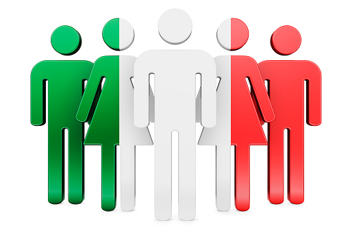 Stick figures with Italian flag. Social community and citizens of Italy, 3D rendering isolated on white background