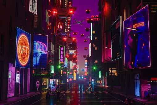 Metaverso de estilo cyberpunk ciudad con robots caminando por la calle, iluminación de neón en los exteriores de los edificios, coches voladores y drones photo
