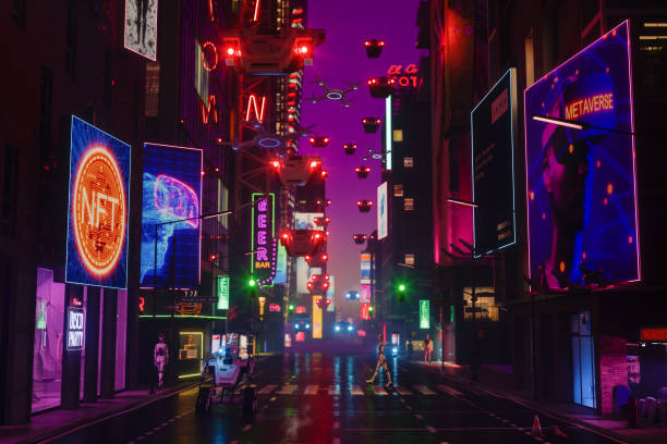 metaverse cyberpunk style city with robots walking on street, neon lighting on building exteriors,  flying cars and drones - metaverse stockfoto's en -beelden