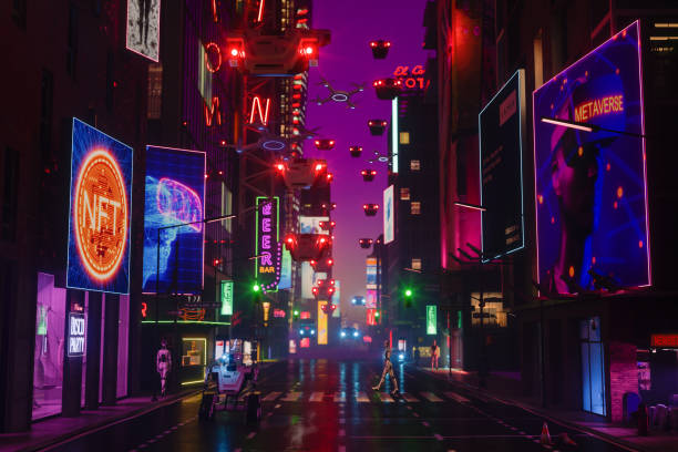 Metaverse Cyberpunk Style City With Robots Walking On Street, Neon Lighting On Building Exteriors,  Flying Cars And Drones Metaverse Cyberpunk Style City With Robots Walking On Street, Neon Lighting On Building Exteriors,  Flying Cars And Drones commercial sign stock pictures, royalty-free photos & images