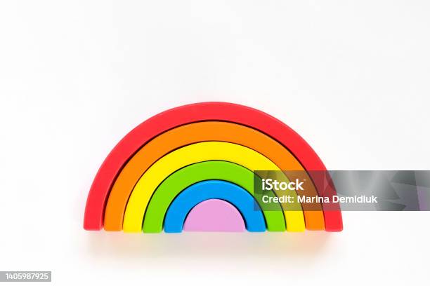 Wooden Rainbow Isolated On A White Background The Rainbow Toy Puzzle Lgbt Flag Gay Pride Community Equal Rights Movement And Gender Equality Life Concept Flat Lay Top View Copy Space Stock Photo - Download Image Now