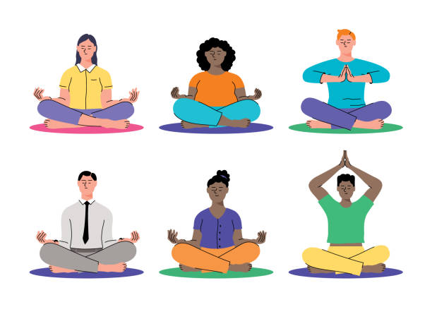 People meditating Group of people sitting in lotus position, practicing mindfulness meditation. Editable vectors. anjali mudra stock illustrations