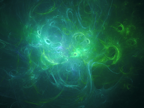 Abstract fractal art background. Swirls of green and blue deep sea colours. I think it looks like plasma, gas, smoke, clouds, fluid or bubbles.