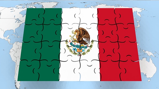 Mexico flag on world map - Puzzle Flag - 3D Render