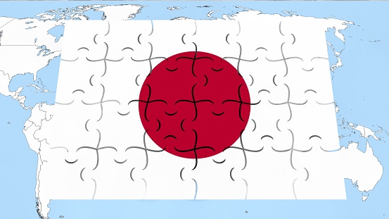 Japan flag on world map - Puzzle Flag - 3D Render