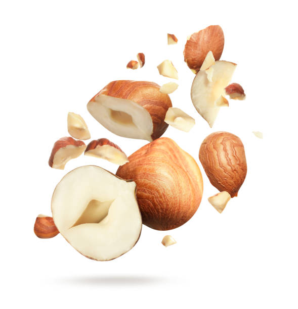 istock Pieces of tasty hazelnuts falling on white background 1405990024
