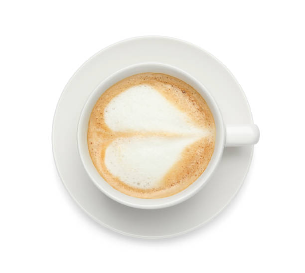 istock Cup of tasty coffee isolated on white, top view 1405990178
