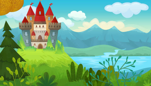 ilustraciones, imágenes clip art, dibujos animados e iconos de stock de escena de naturaleza de dibujos animados con hermoso castillo cerca del bosque ilustración para niños - castle fairy tale palace forest