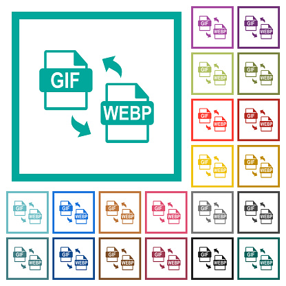 GIF WEBP file conversion flat color icons with quadrant frames on white background