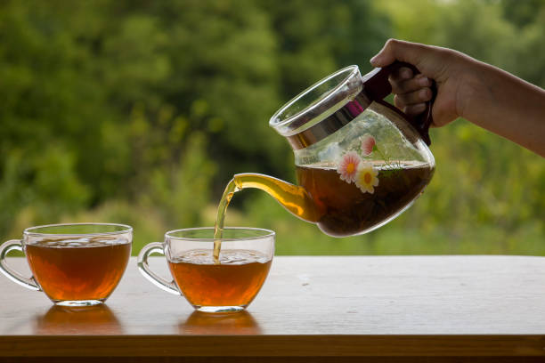 istock Teapot with a transparent cup of tea in nature 1405991454