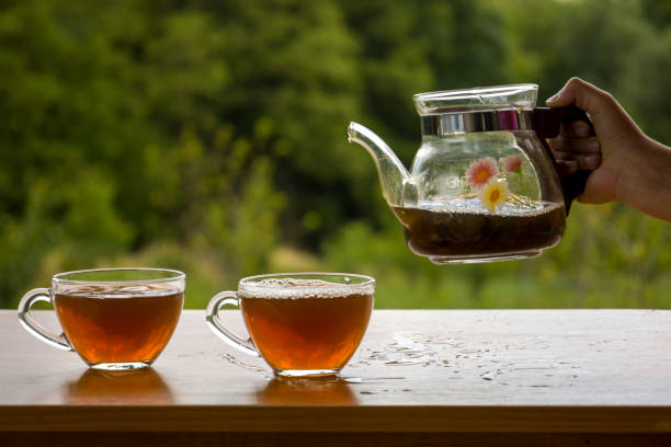 istock Teapot with a transparent cup of tea in nature 1405991676