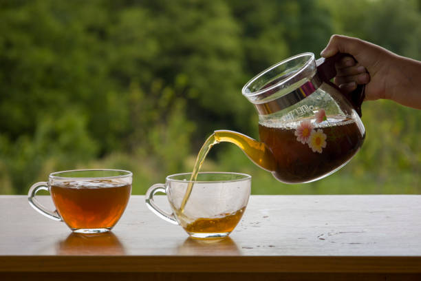 istock Teapot with a transparent cup of tea in nature 1405991688