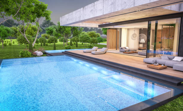 istock 3d rendering of new concrete house in modern style in evening 1405994980