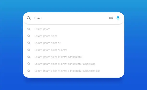 Vector illustration of Search Bar with suggestions for UI UX design and web site. Search Address and navigation bar icon. Collection of search form templates for websites. Search engine web browser window template.