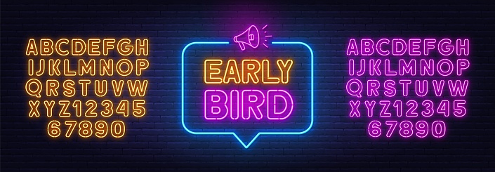Early Bird neon sign in the speech bubble on brick wall background . Pink and yellow neon alphabets.