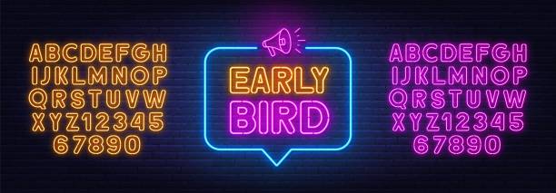 Early Bird neon sign in the speech bubble on brick wall background. Early Bird neon sign in the speech bubble on brick wall background . Pink and yellow neon alphabets. the early bird catches the worm stock illustrations