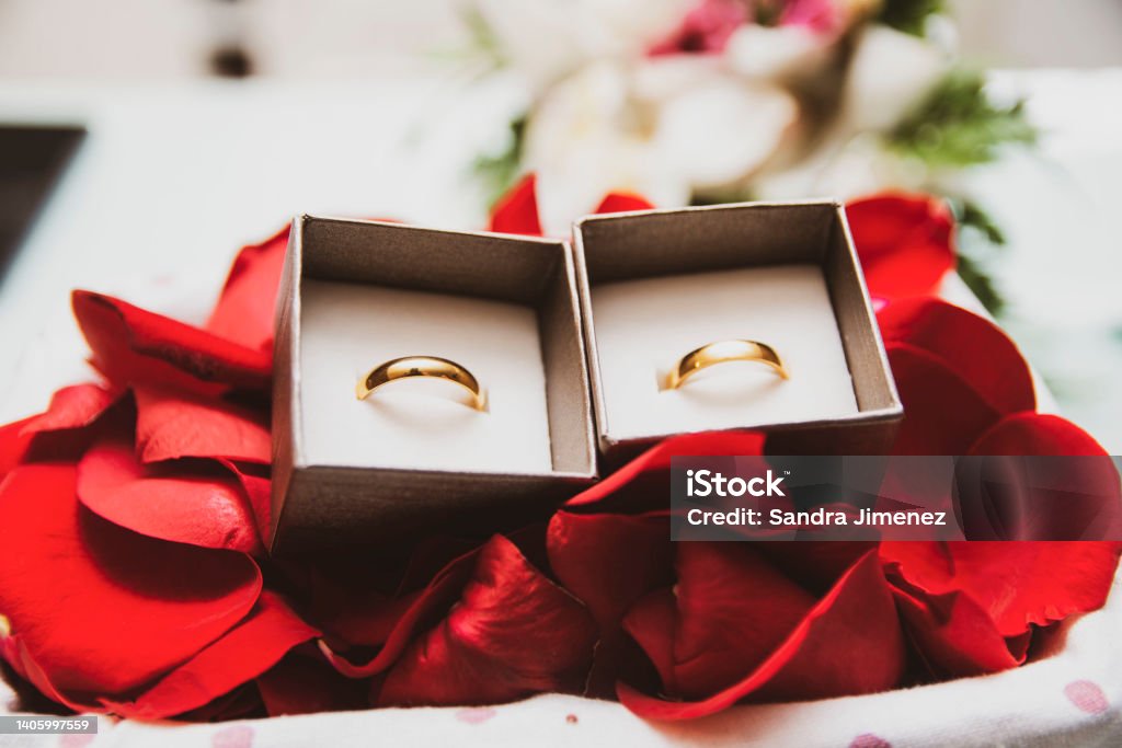 Wedding rings wedding rings on rose petals, preparations for the bride and groom. Anniversary Stock Photo