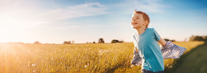 Happy child running through a summer field at evening sunset. Panoramic view of the natural park.
