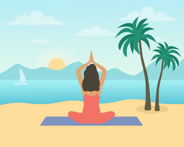 ilustrações de stock, clip art, desenhos animados e ícones de rear view of woman sitting on the beach and performing yoga in front of sunrise - cloud ideas contemplation concentration