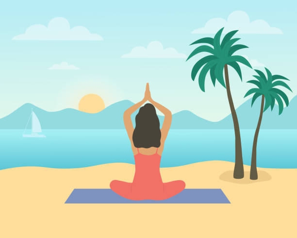Rear View Of Woman Sitting On The Beach And Performing Yoga In Front Of Sunrise vector art illustration