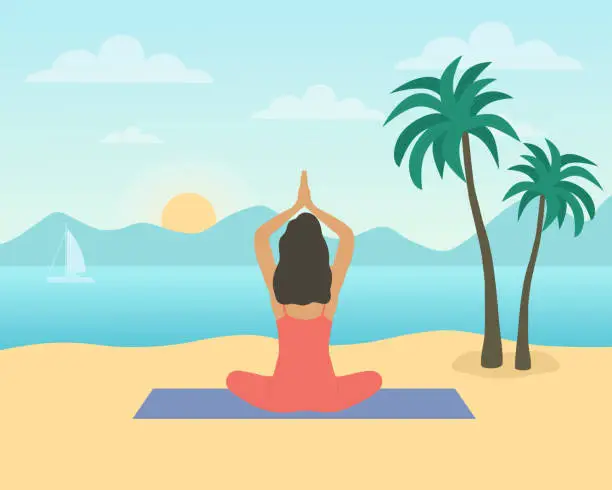 Vector illustration of Rear View Of Woman Sitting On The Beach And Performing Yoga In Front Of Sunrise