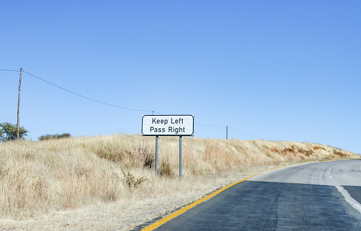 Keep Left Pass Right Road Sign on B6 Road near  Windhoek at Khomas Region, Namibia
