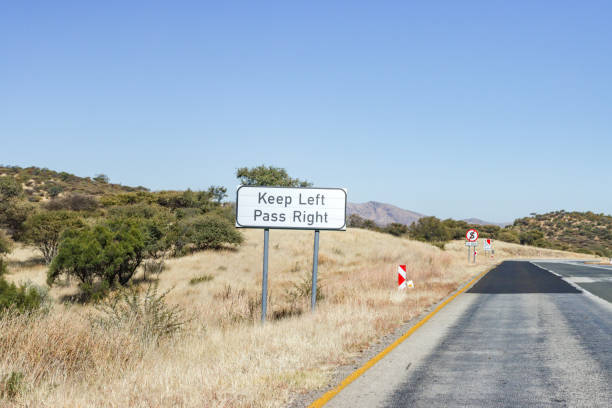 istock Keep Left Pass Right Road Sign on B6 Road near  Windhoek at Khomas Region, Namibia 1406001159