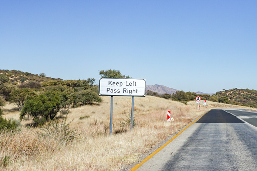 Keep Left Pass Right Road Sign on B6 Road near  Windhoek at Khomas Region, Namibia