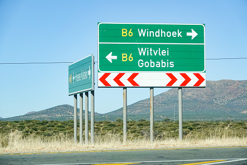 A road sign on the B6 directing to Gobabis in the Omaheke Region of Namibia.