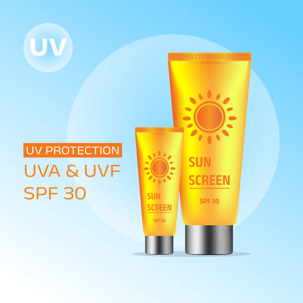 istock Sunscreen ad poster template. Banner with two golden tubes of sunscreen on blue background. Vector 3d ad illustration for promotion of summer goods. 1406001574
