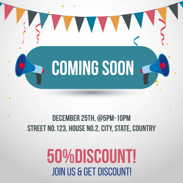 50% Discount coming soon post for Facebook and Twitter 50% Discount coming soon post for Facebook and Twitter. Coming soon announcement banner for marketing with colorful background stay tuned concept stock illustrations