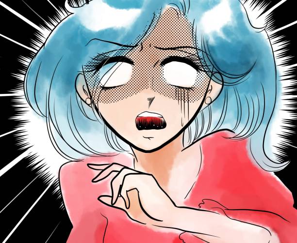 istock Horror illustration with a beautiful 70's shoujo manga blue haired girl scared and screaming. 1406003792